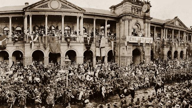 Military parade on the first Anzac Day anniversary in Brisbane, Queensland, 1916. Picture: Oxley Library, State Library of Queensland