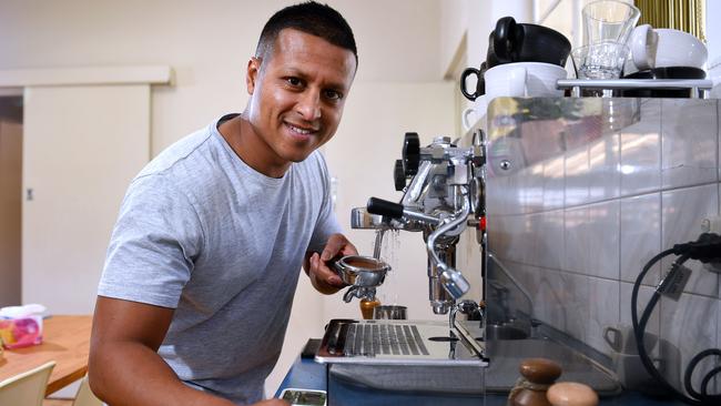 Suresh Meyer former barista makes a perfect coffee at his Clapham Home Friday July 5th,2019.Picture Mark Brake