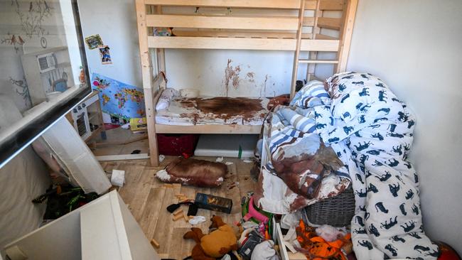 A blood-soaked children’s bedroom in Kibbutz Nir Oz. Picture: Getty