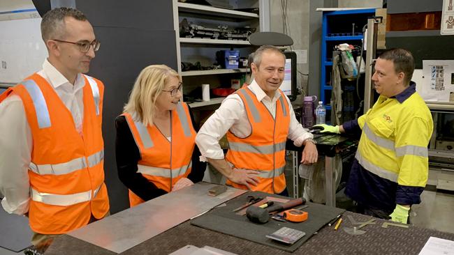 WA Premier Roger Cook, second from right, at Unique Metal Works in Wangara on Friday. Labor candidate for Landsdale Daniel Pastorelli is on the left, with deputy premier Rita Saffioti. Picture: Paul Garvey