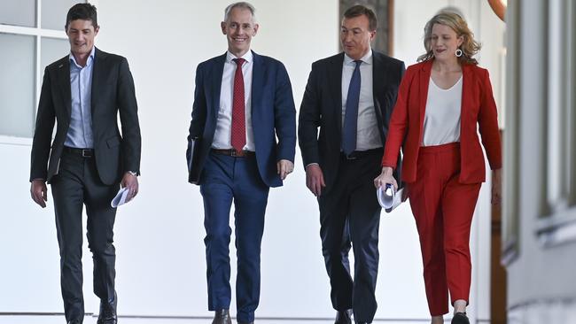 (R-L) Minister for Home Affairs Clare O'Neil, Business Council of Australia chief executive Bran Black, Minister for Immigration Andrew Giles and ACTU Assistant Secretary Liam O’Brien. Picture: NCA NewsWire / Martin Ollman