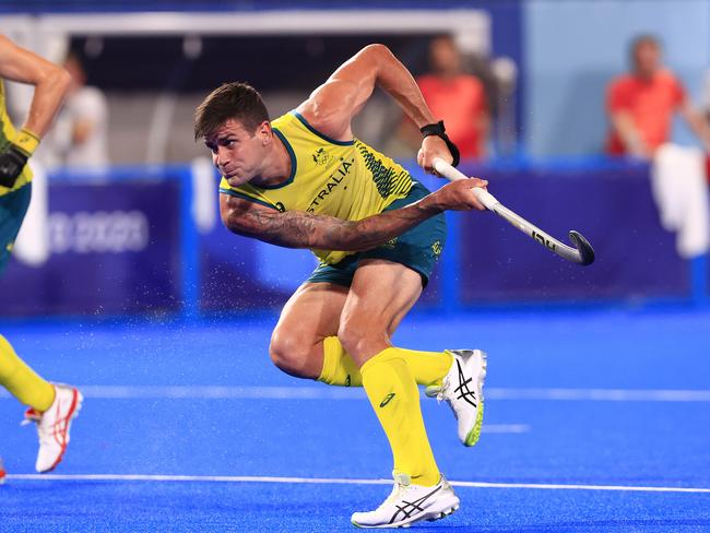 Blake Govers scores during the men’s hockey semi-final against Germany. Picture: Adam Head