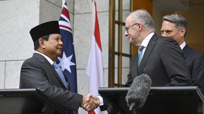 Indonesian president-elect Prabowo Subianto, left, Anthony Albanese and Defence Minister Richard Marles in Canberra last week. Picture: NewsWire / Martin Ollman