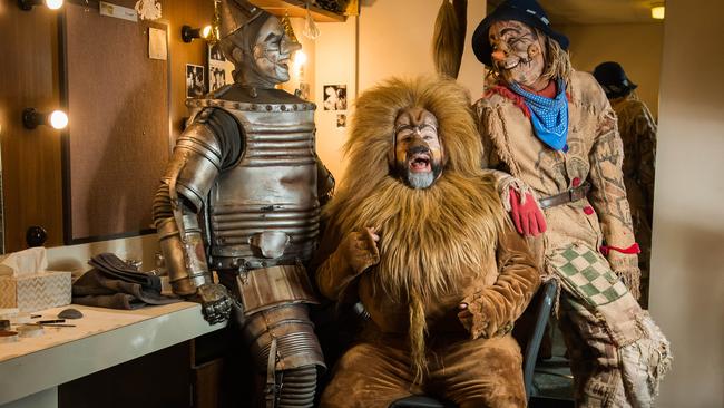 Tinman (Alex Rathgeber), the Lion (John Xintavelonis) and Scarecrow (Eli Cooper) prepare to take the stage in Adelaide. Picture: Tom Huntley