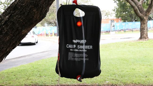 A camp shower near the latest tent city. Picture: Liam Kidston