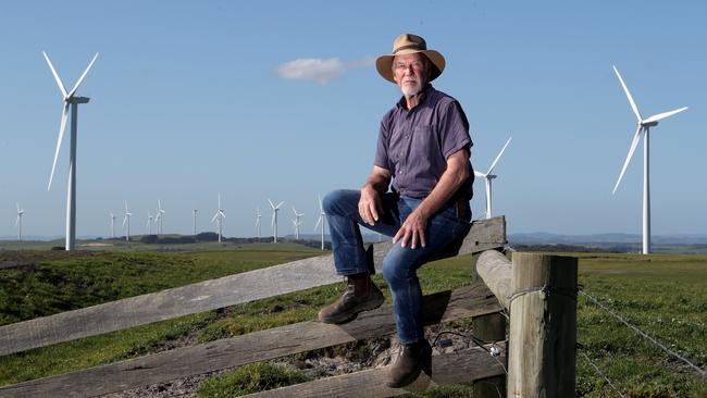 12/09/2018  Don Fairbrother next to windturbines near his property in South Gippsland. The Victorian government is facing a potential class action after an independent review confirmed resident complaints that noise from a wind farm was causing them harm. The Council ordered report on the Bald Hills wind farm in South Gippsland found there was a nuisance under the public health act. Investigators said they could hear wind turbine noise in some residents homes making conversations difficult.Picture : David Geraghty / The Australian.