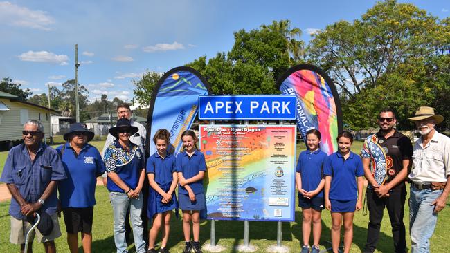 Left to right: Eidsvold elders, Wakka Wakka translator, Councillor Les Hotz, the four artists from Eidsvold State School, Principal Preston Parter and Poet Russell Plunkett. Photo: Kristen Camp.