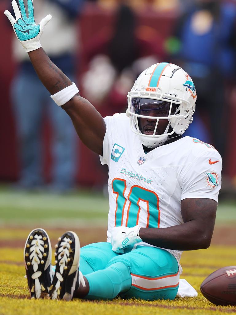 Hill celebrates a touchdown last season. Picture: Rob Carr/Getty Images