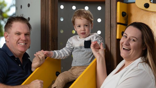 Brendan and Bianca Frew with son Sam, 20 months. Sam is an entrant in The Advertiser's Cutest Toddler Competition. Picture: Naomi Jellicoe