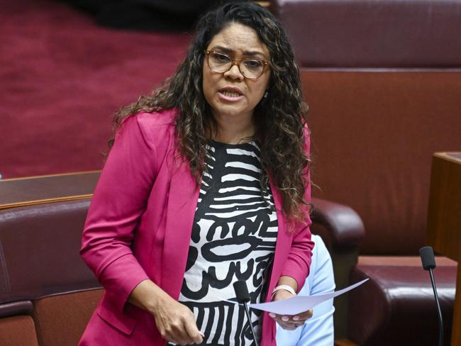 Senator Jacinta Nampijinpa Price grew emotional as she spoke about her NT Safe Measures Bill. Picture: Martin Ollman/Getty Images