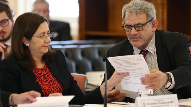 Queensland Premier Annastacia Palaszczuk and her then chief of staff David Barbagallo during estimate hearings in July this year. Picture: Jono Searle/AAP
