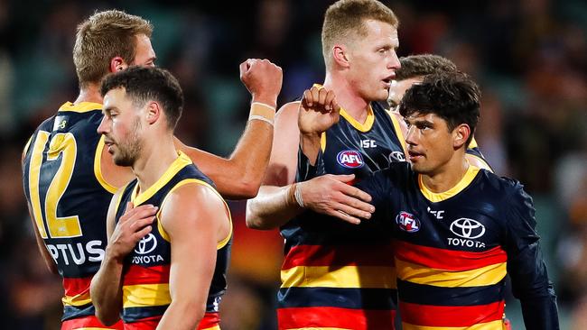 Shane McAdam celebrates with his team mates during the Round 7 clash with the Saints. Picture: Daniel Kalisz/Getty Images