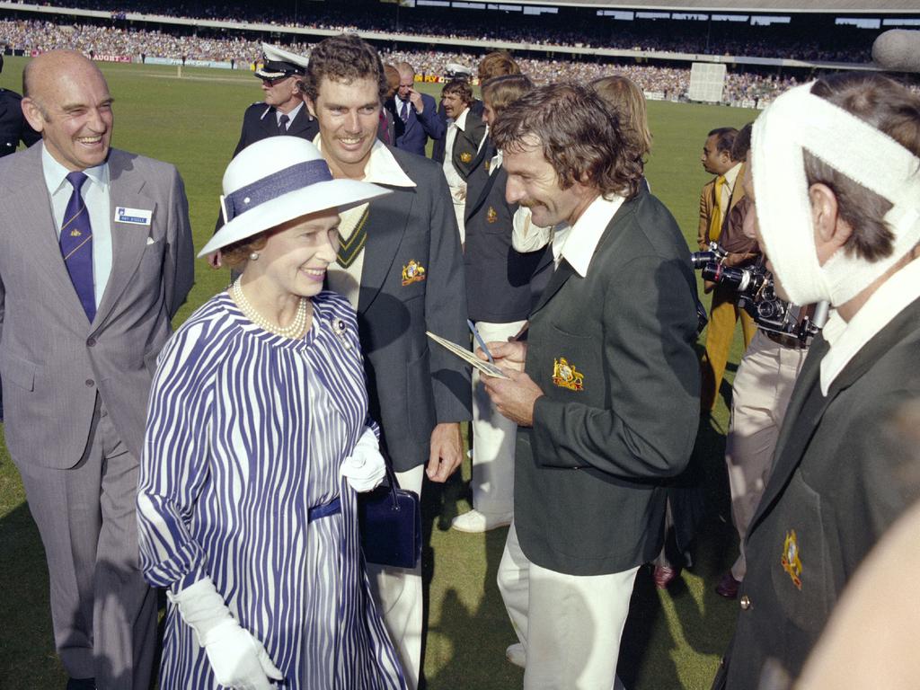 <b>1977 – Melbourne</b> A highlight of the Silver Jubilee tour was the Queen’s attendance at the Centenary Test match between Australia and England at the MCG. Here she is introduced to Australian bowler Dennis Lillee by captain Greg Chappell, as ACB Treasurer Ray Steele, left, and an injured Rick McCosker look on. Batsman McCosker’s jaw was broken in two places by a Bob Willis bouncer on the first morning of the Test, but he returned, heavily-bandaged, to bat in Australia’s second innings, walking out to chants of “Waltzing McCosker” from the crowd.