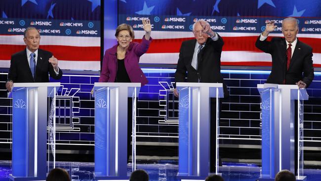 The candidates, piqued by his $605 million campaign and late entry into the contest, ganged up on Bloomber, the man who they see as the main threat. Pictured from left: Democratic presidential candidates, Michael Bloomberg, Elizabeth Warren, Bernie Sanders, and Joe Biden during a Democratic presidential primary debate in Las Vegas. Picture: AP