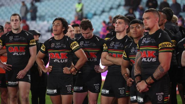 Dejected Penrith players after the 2020 NRL Grand Final between the Penrith Panthers and Melbourne Storm at ANZ Stadium, Homebush. Picture: Brett Costello