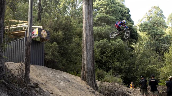 Remy Morton performs during practice at Red Bull Hardline in Maydena Bike Park, Australia on February 21, 2024. Picture: Graeme