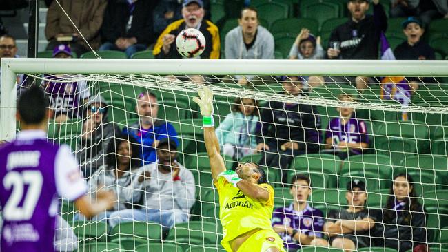 Jamie Young of the Brisbane Roar’s incredible save against Perth Glory could be the best piece of goalkeeping in A-League history. (AAP Image/Tony McDonough)