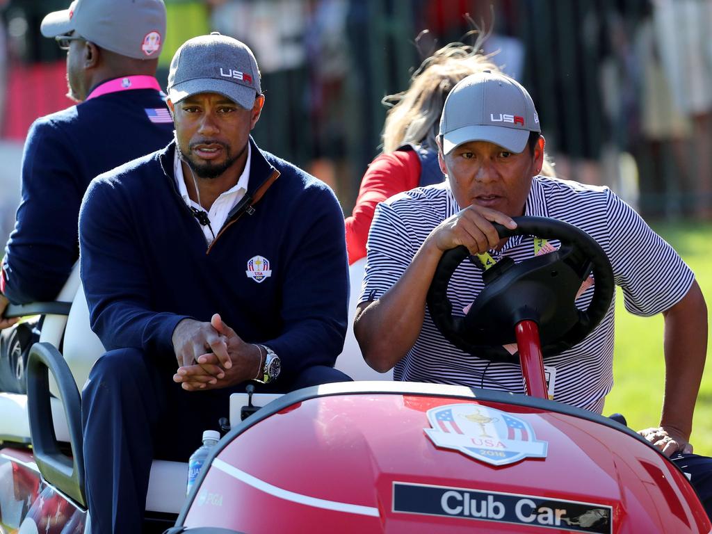 Tiger Woods and Notah Begay at the 2016 Ryder Cup. Picture: David Cannon/Getty Images/AFP