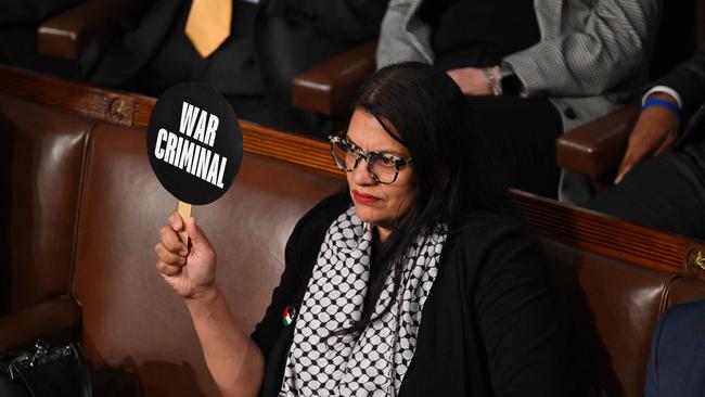 Rashida Tlaib, the only Palestinian-American member of congress, makers her views known during Benjamin Netanyahu's address to the joint sitting. Picture: AFP