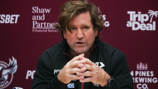 Manly Sea Eagles coach Des Hasler addresses the media. Picture: Gaye Gerard