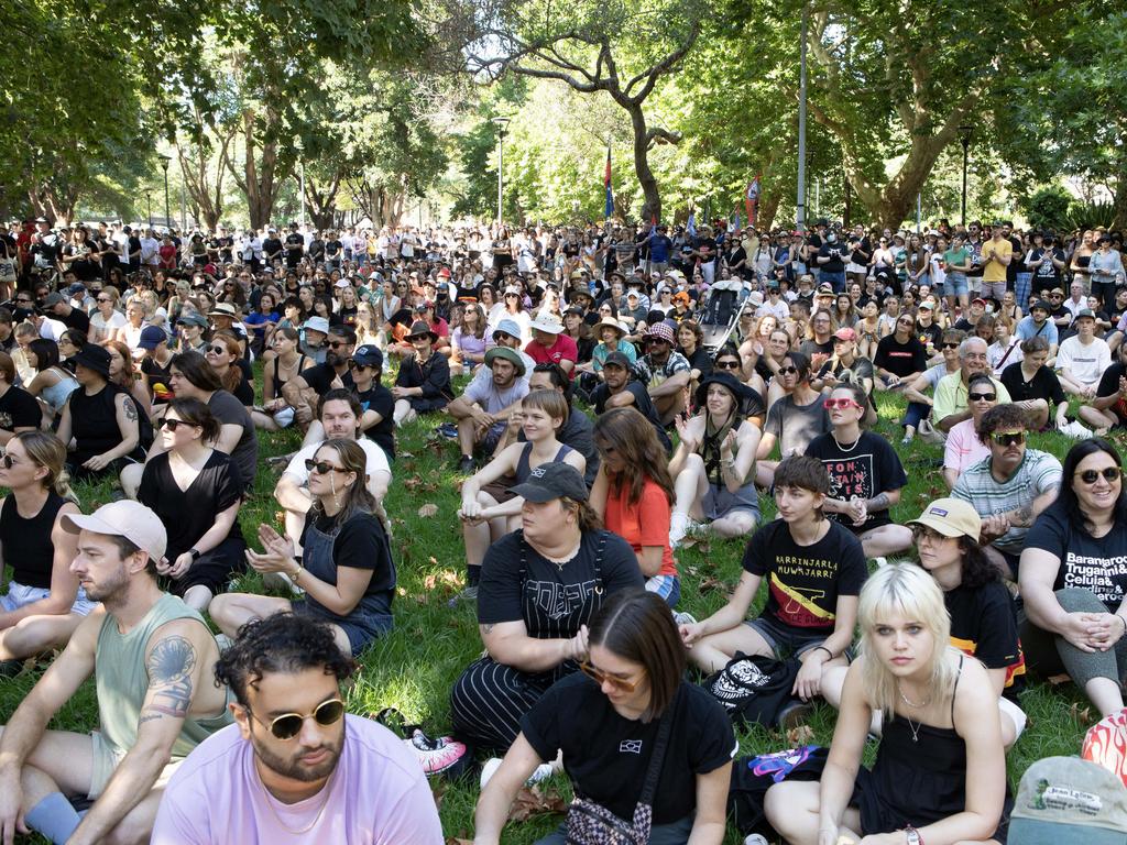Crowds gather at Belmore Park in Sydney as the annual Invasion Day protests get underway. Picture: NCA NewsWire / Brendan Read