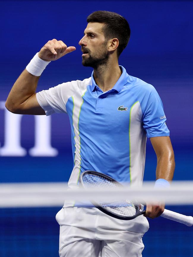 Djokovic mocks Shelton’s celebration. Picture: Mike Stobe/Getty Images