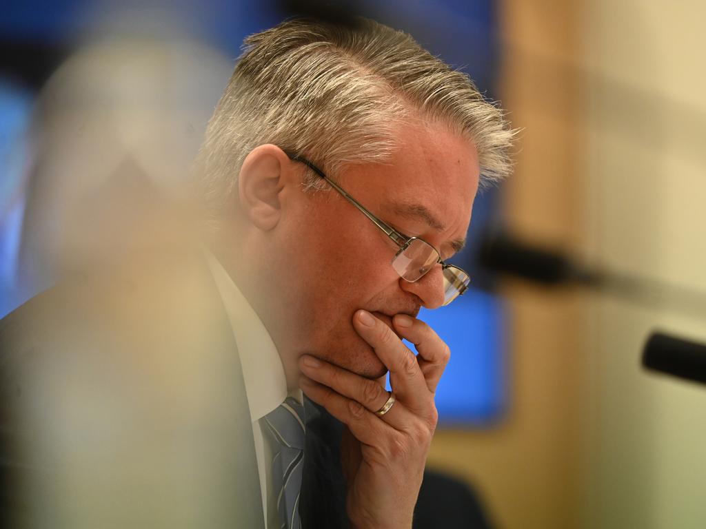 Australian Finance Minister Mathias Cormann reacts during the Senate inquiry at Parliament House in Canberra. Picture: Lukas Coch