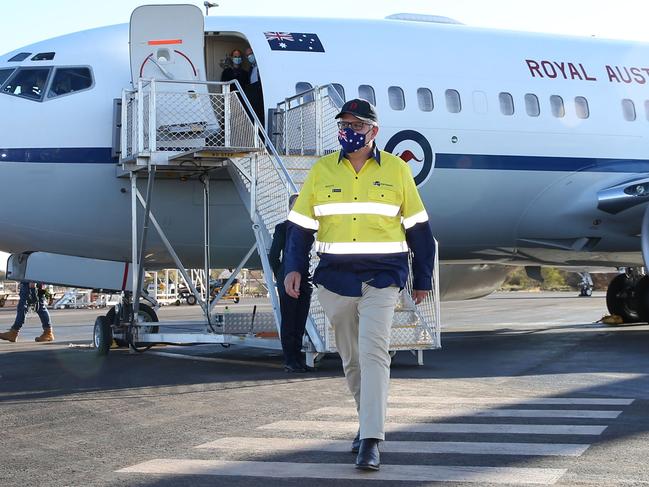 The Prime Minister of Australia Scott Morrison has spent the second day of his visit to Western Australia at the Christmas Creek mine site in The PIlbara. PIctured is the Prime MInister arriving at the airport in the states North West on April 15, 2021. Picture - Justin Benson-Cooper / The West Australian