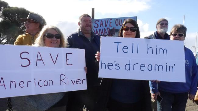 A protest was held on July 4 against plans to send timber off of Kangaroo Island via American River. Picture: Mike Cosgrove KI XFM radio