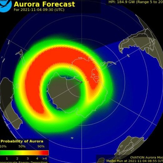 30 minutes Aurora forecast of the southern hemisphere taken at 8pm. Source: www.swpc.noaa.gov