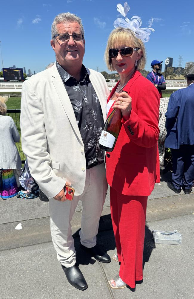 Nigel and Danielle Brokenshire at the Melbourne Cup at Flemington Racecourse on November 5, 2024. Picture: Phillippa Butt