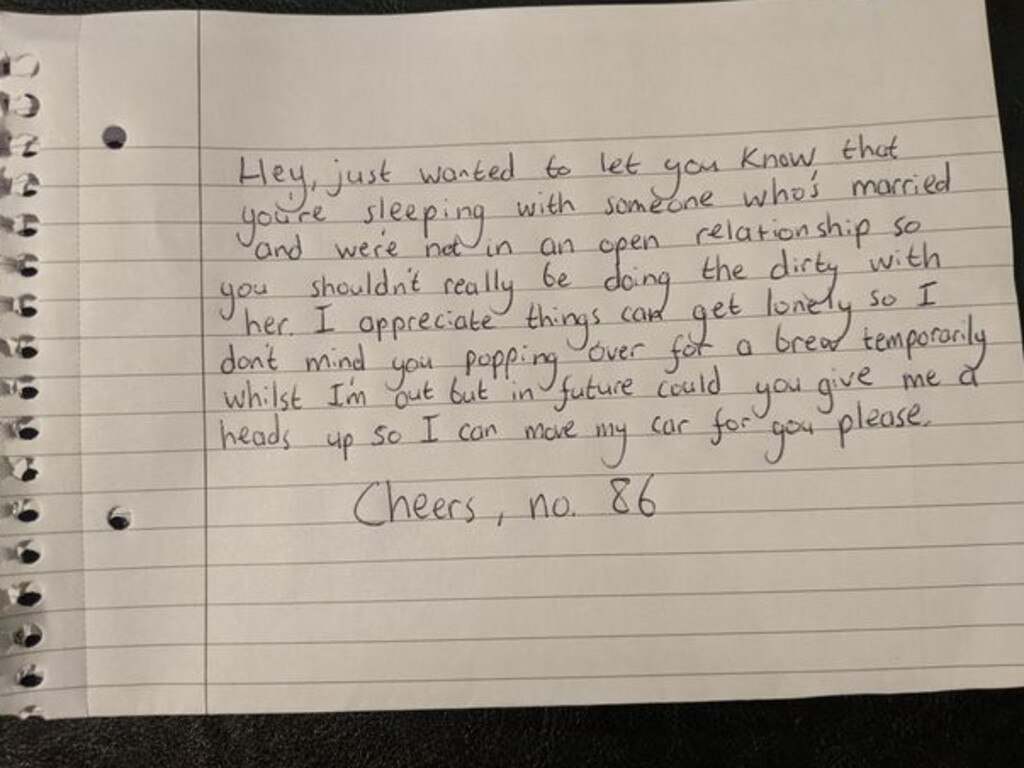 A husband wrote a passive-aggressive note to the man he caught sleeping with his wife. Picture: Reddit