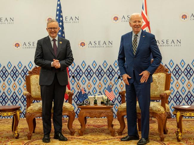 Prime Minister Anthony Albanese with US President Joe Biden on the sidelines of the East Asia Summit in Phnom Penh. Picture: AFP photo / Australian Prime Minister's Office