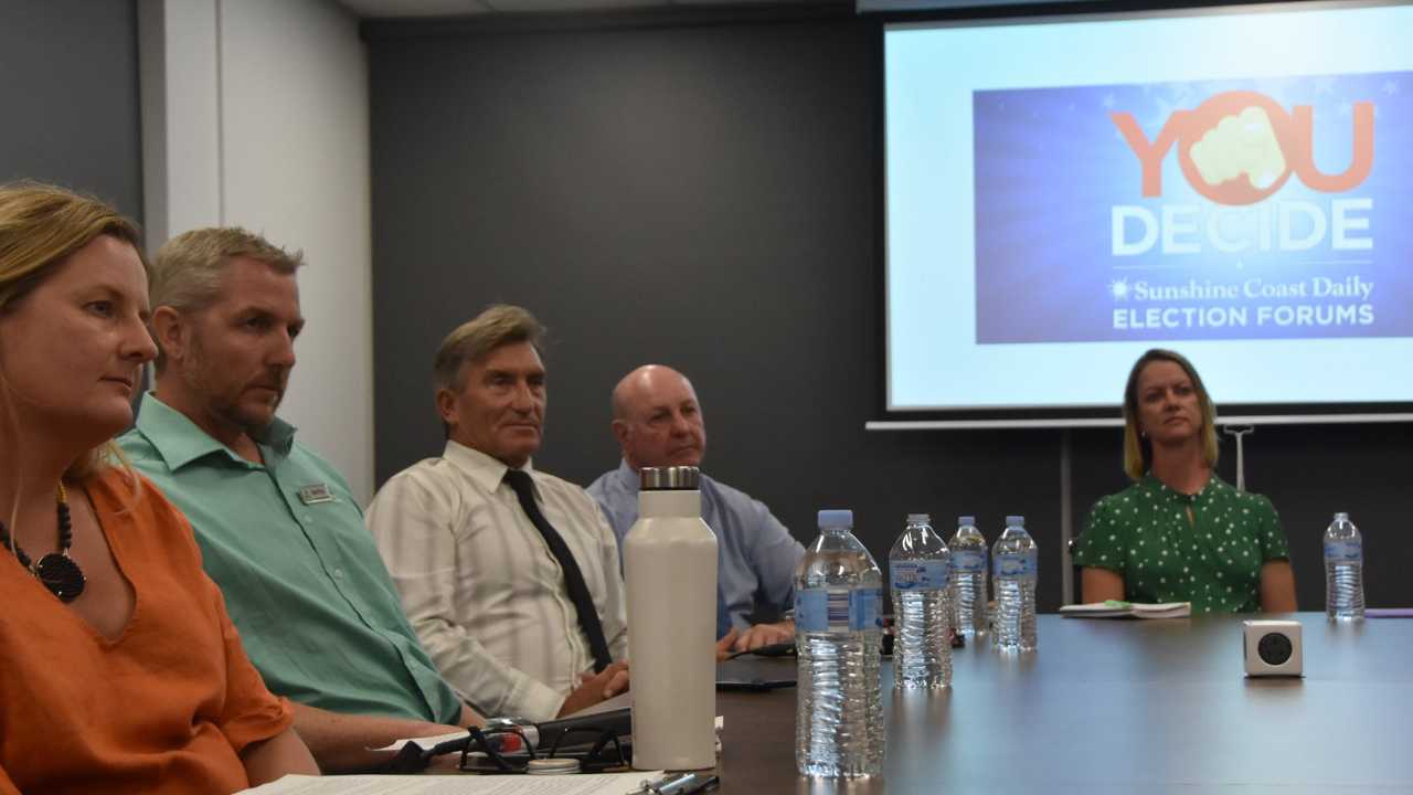 Division 9 candidates Angela Dunbavan, Daniel Bryar, Bruce Dunne, Daren Edwards and Maria Suarez speak at a Sunshine Coast Daily election forum. Picture: Stuart Cumming