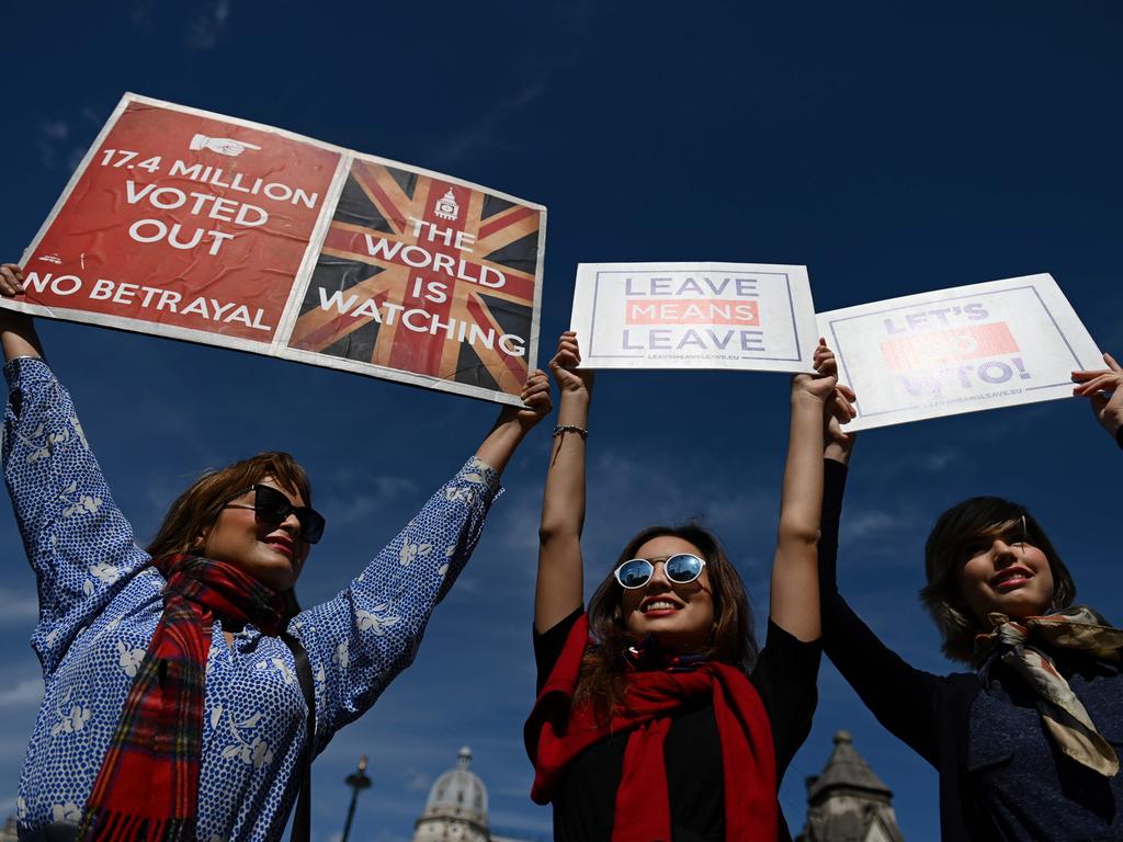 Protesters holding placards aloft near the Houses of Parliament in central London. Picture: Daniel Leal-Olivas/AFP