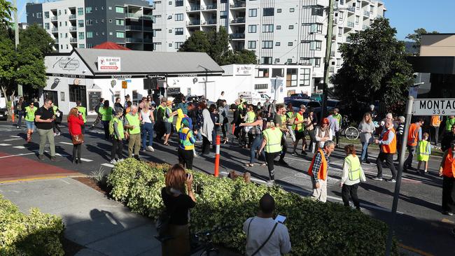 Cr Sri also led this blockade at the corner of Montague Road and Victoria Street, West End, to highlighting the need for traffic lights at the intersection. Photographer: Liam Kidston.