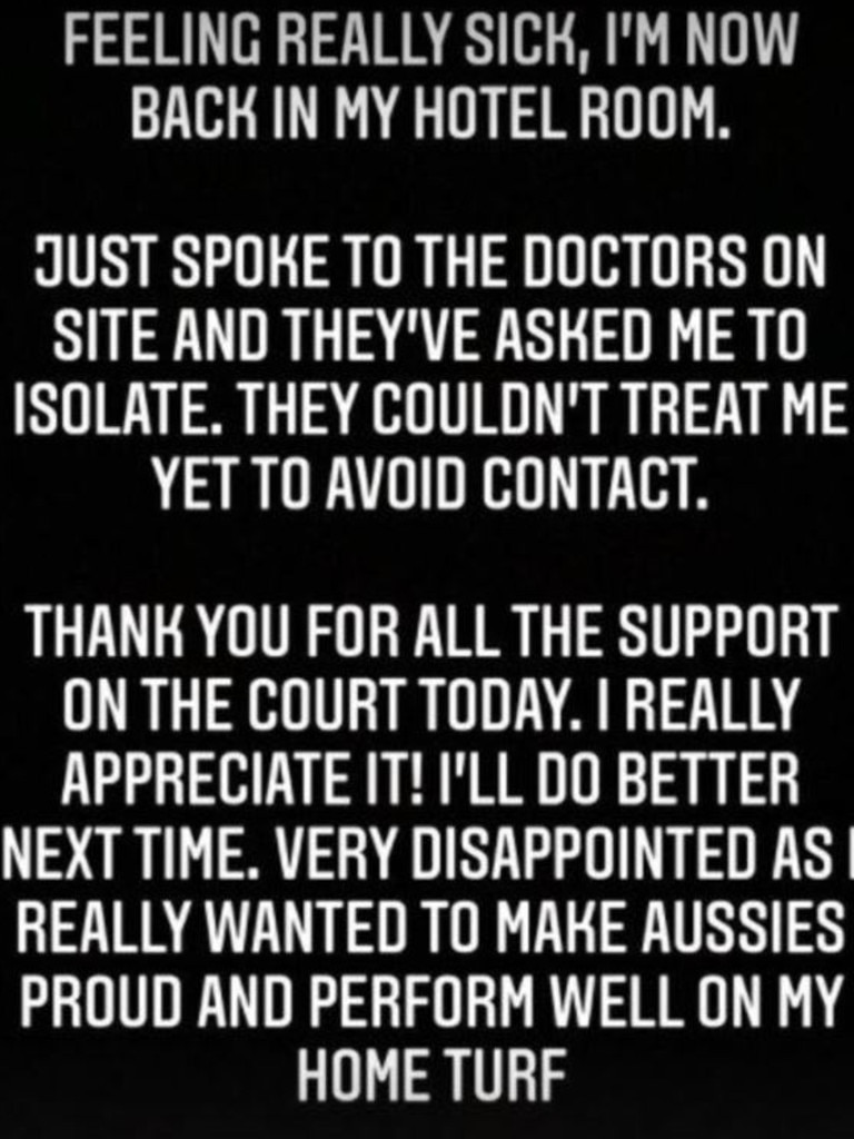 Tomic was put into isolation after the match. Picture: Instagram