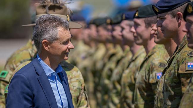 Hon Matt Thistlethwaite MP talking to troops at the 7RAR Operation Kudu Departure Ceremonyat RAAF Edinburgh SA. Pictured on Jan 6th 2024. Picture: Ben Clark