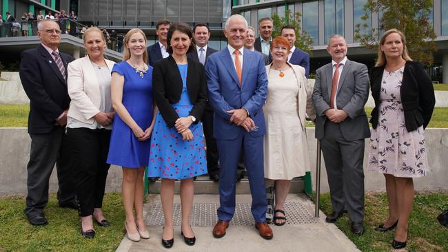 NSW Premier Gladys Berejiklian and Prime Minister Malcolm Turnbull with eight Western Sydney Mayors to announce the Western Sydney City Deal. Picture: AAP /Ben Rushton