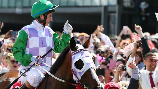 Michelle Payne and Prince of Penzance after last year’s Cup win. Picture: George Salpigtidis