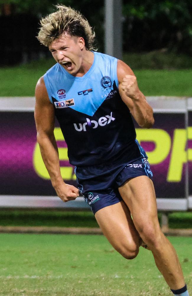 Tom Baulch celebrating a goal for the Darwin Buffaloes. Picture: Celina Whan / AFLNT Media