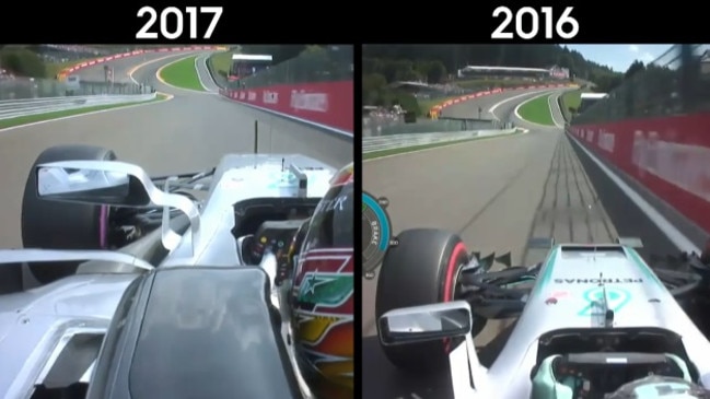 Side-by-side comparison of the 2016 and 2017 pole position laps at the Formula 1 Belgian Grand Prix.