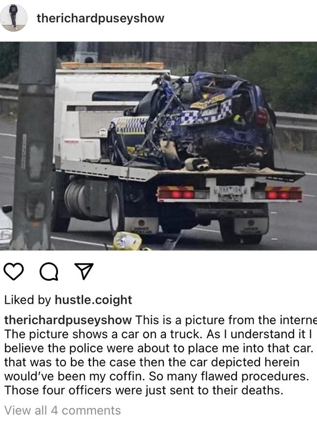 The vile account used photos from the eastern freeway crash that killed four officers.