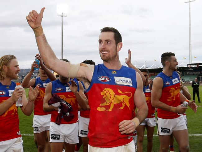 LAUNCESTON, AUSTRALIA - JULY 27: Darcy Gardiner of the Lions acknowledges the fans after  the round 19 AFL match between the Hawthorn Hawks and the Brisbane Lions at University of Tasmania Stadium on July 27, 2019 in Launceston, Australia. (Photo by Darrian Traynor/Getty Images)