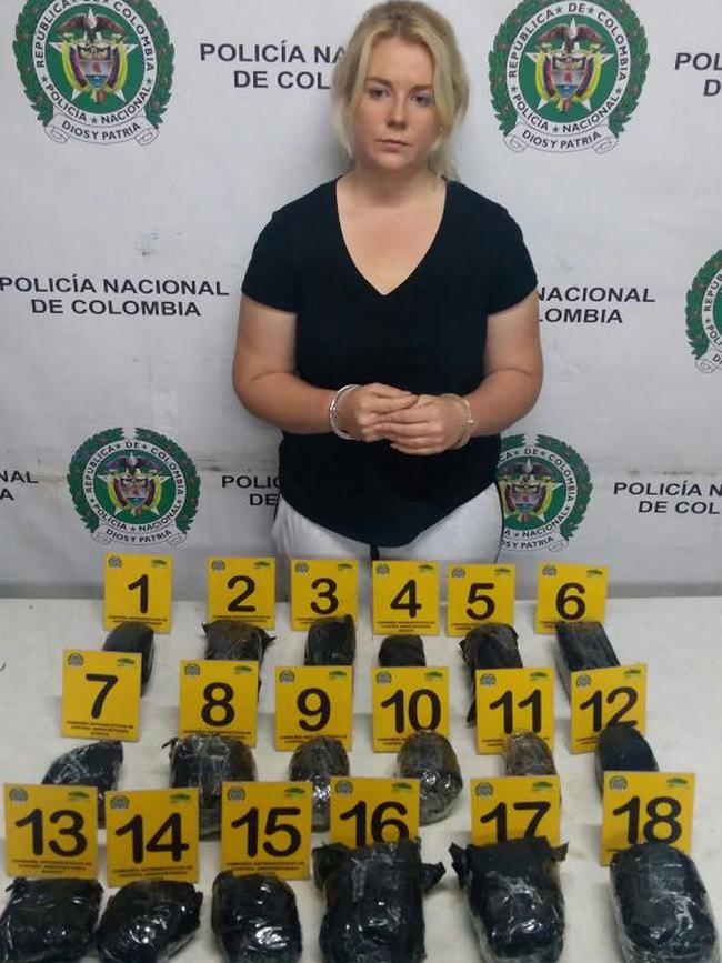 Cassie Sainsbury was arrested in Colombia in 2017 for trying to smuggle 5.8kg of cocaine out of the country. Picture: EPA/Col Anti-narcotics Police