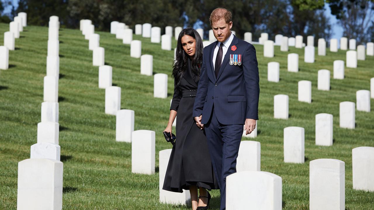 Prince Harry, Duke of Sussex and Meghan, Duchess Of Sussex lay a wreath at Los Angeles National Cemetery on Remembrance Sunday on November 8, 2020 in Los Angeles, California. Picture: Lee Morgan/Handout via Getty Images