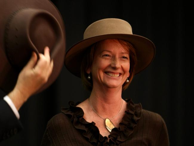 Julia Gillard not looking particularly at home in an Akubra.