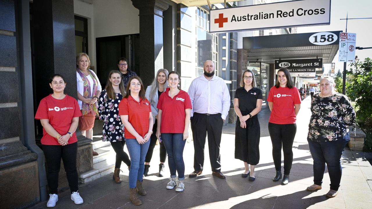 Australian Red Cross have relocated to 152 Margaret Street. Outside their new offices, back row; Charlene Keller (left) and Karla Draper. Second row; Sarah Berardo and Tiaro Cyrnock. Front; Zeynad Aria, Mary-Ellen Middleton, Tahlia Bligh, Luke Yuginovich, Jade Stanley, Abigail Eberhard and Teagan McDonald. Picture: Bev Lacey