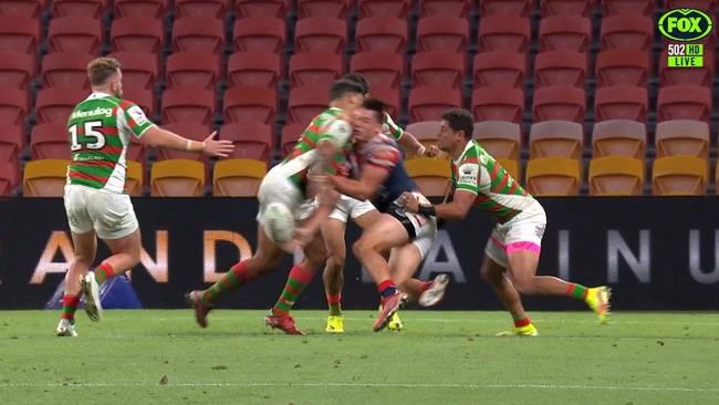 Latrell Mitchell was sent to the sin bin after this shoulder hit left former teammate Joey Manu sporting a shattered cheekbone. Picture: Fox Sports