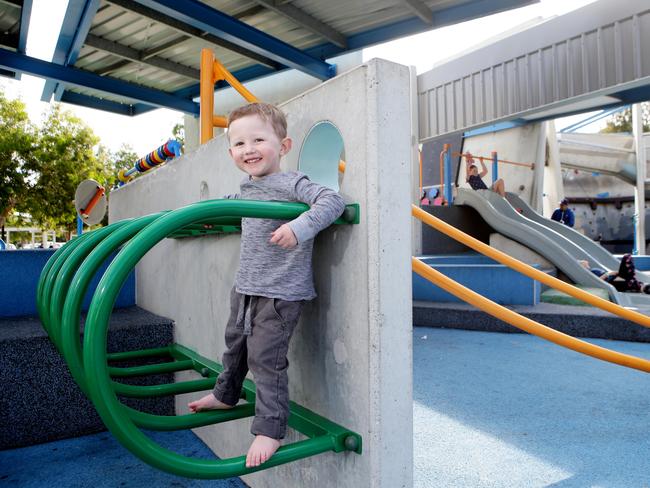 Archie Pucher, 2, of Highgate Hill at Frew Park, Milton. Picture: AAP/ Ric Frearson